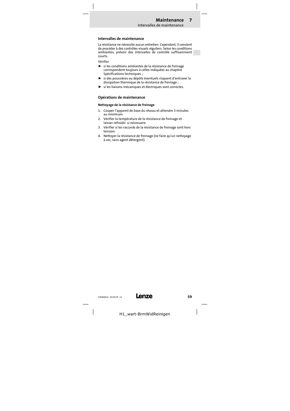 7 maintenance, Intervalles de maintenance, Opérations de maintenance | Maintenance | Lenze ERBM100R035W User Manual | Page 59 / 60