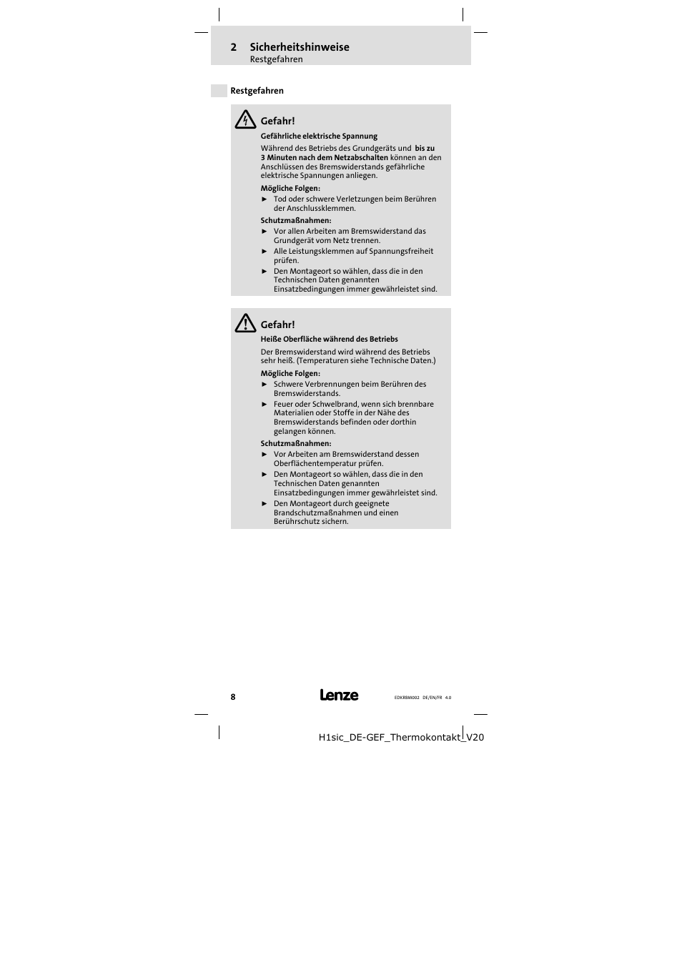 Restgefahren, 2sicherheitshinweise | Lenze ERBM100R035W User Manual | Page 8 / 60