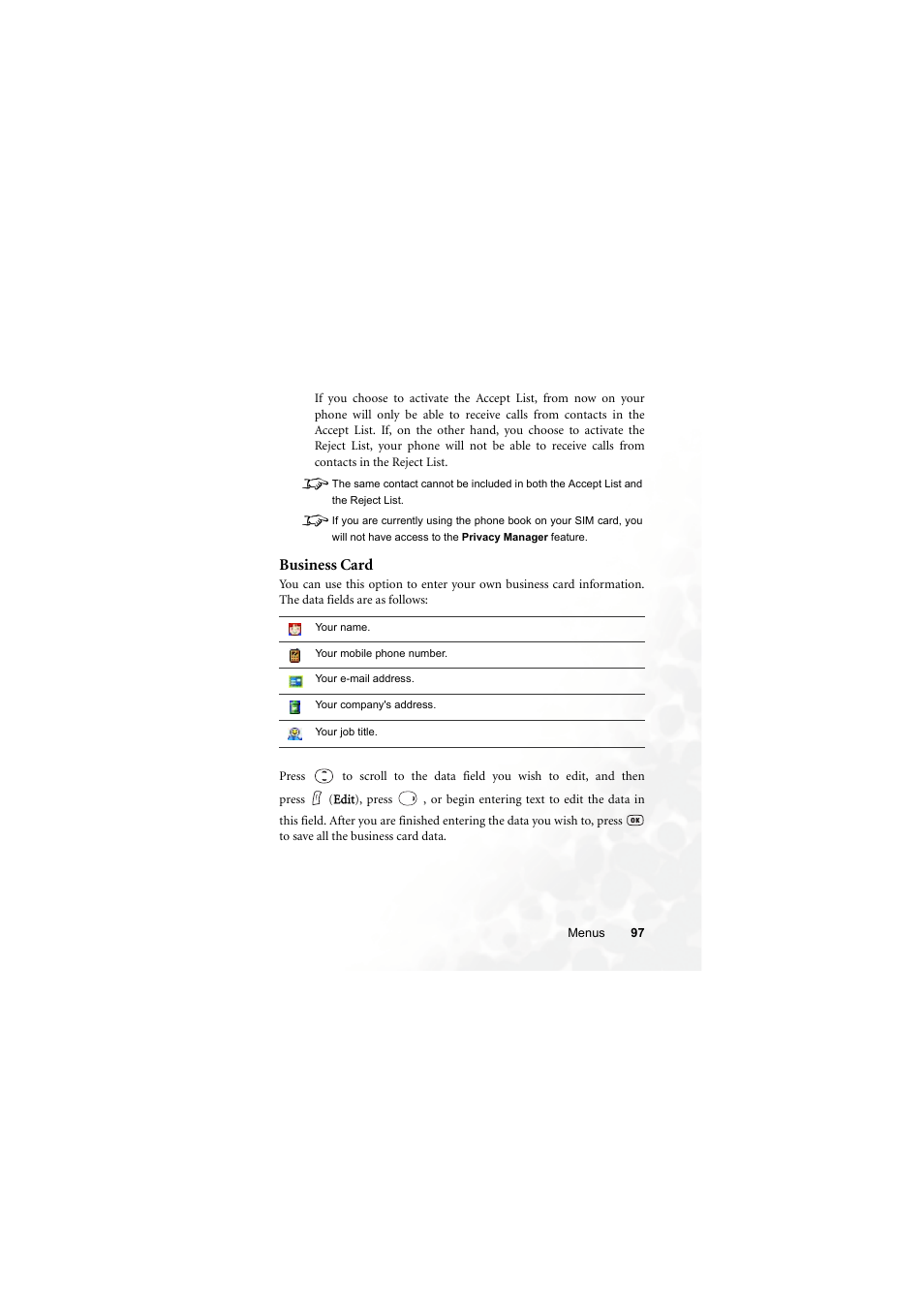 Business card | BenQ S670C User Manual | Page 113 / 186