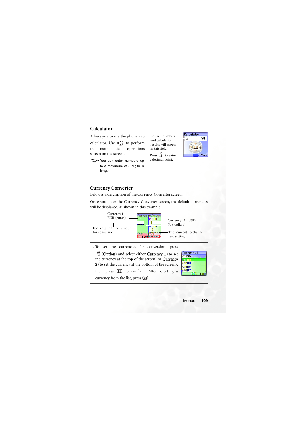 Calculator, Currency converter, Calculator currency converter | BenQ S670C User Manual | Page 125 / 186