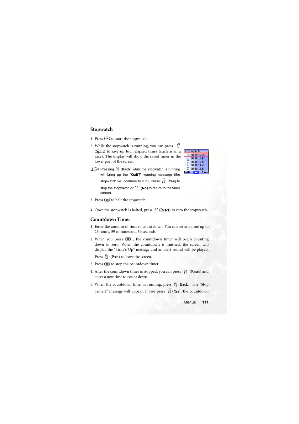 Stopwatch, Countdown timer, Stopwatch countdown timer | BenQ S670C User Manual | Page 127 / 186