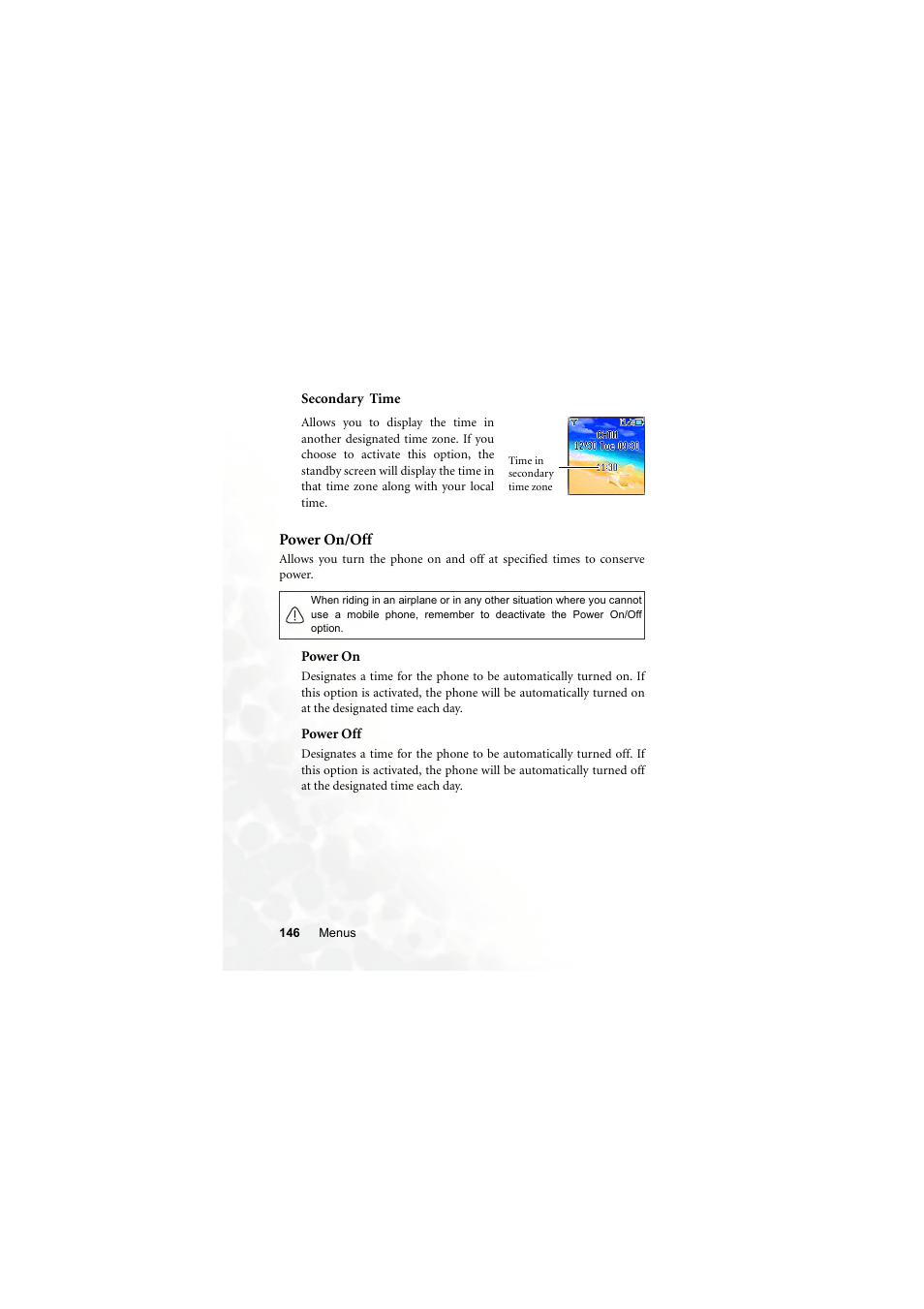 Secondary time, Power on/off | BenQ S670C User Manual | Page 162 / 186