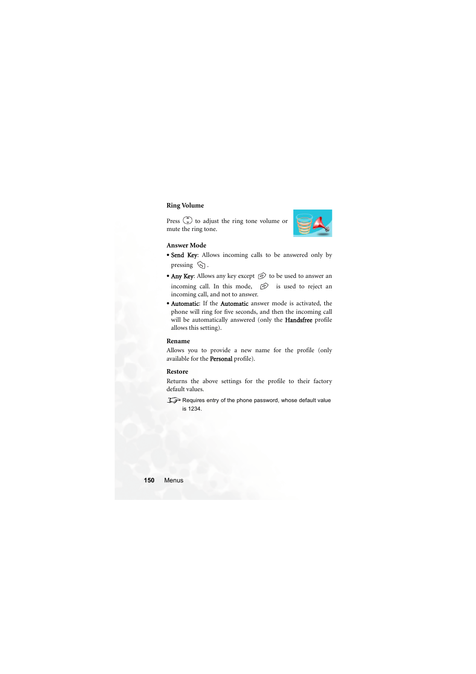 Ring volume, Answer mode, Rename | Restore | BenQ S670C User Manual | Page 166 / 186