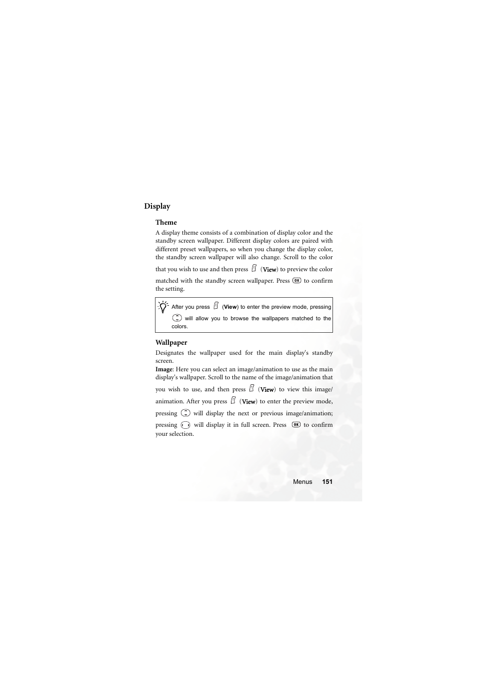 Display, Theme, Wallpaper | Theme wallpaper | BenQ S670C User Manual | Page 167 / 186