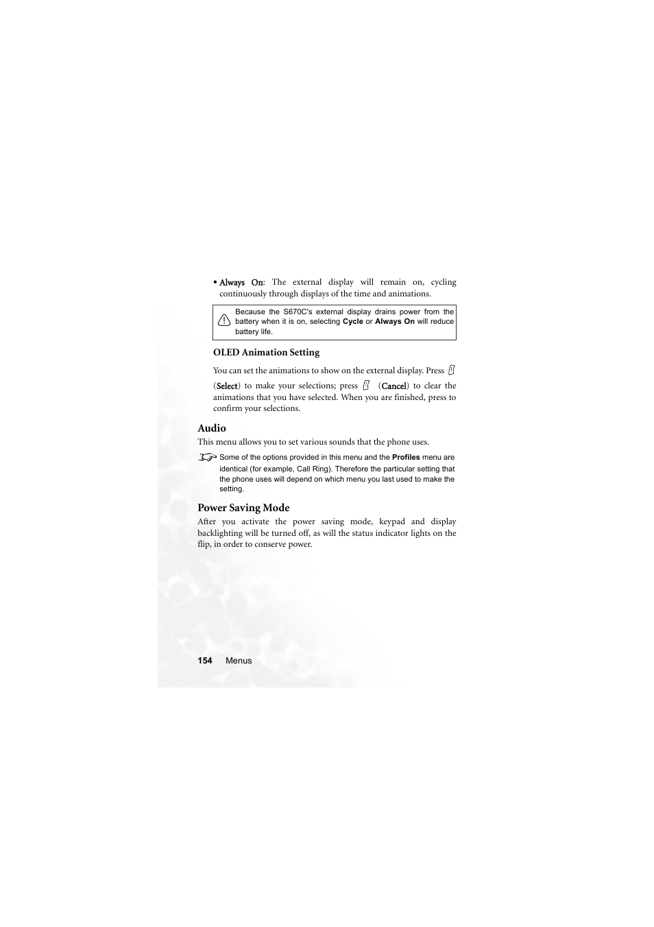 Oled animation setting, Audio, Power saving mode | Audio power saving mode | BenQ S670C User Manual | Page 170 / 186