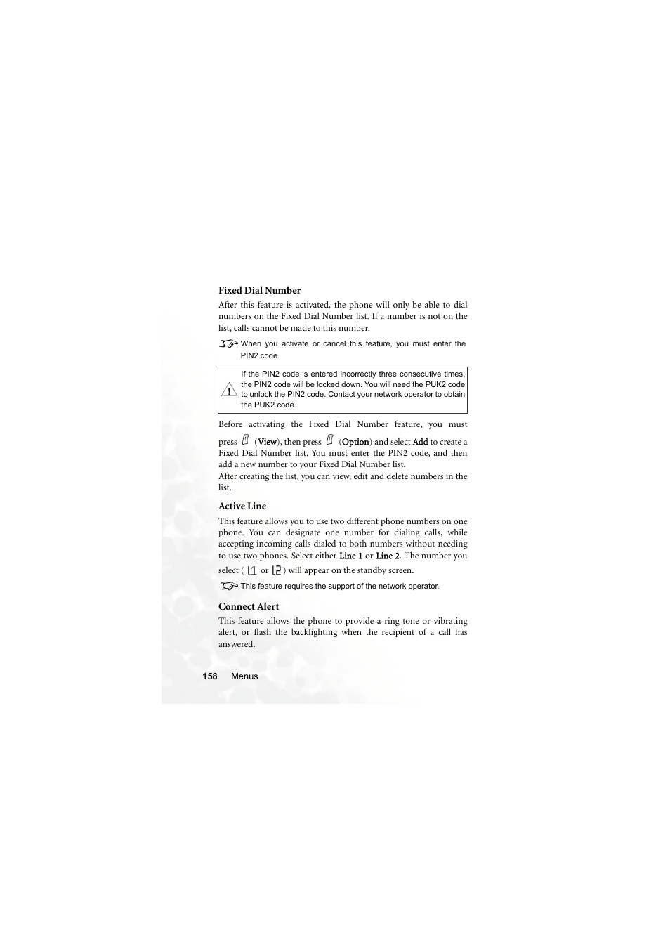 Fixed dial number, Active line, Connect alert | Fixed dial number active line connect alert | BenQ S670C User Manual | Page 174 / 186
