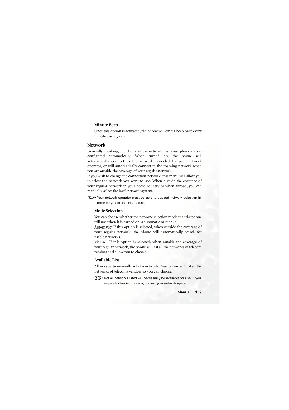 Minute beep, Network, Mode selection | Available list, Mode selection available list | BenQ S670C User Manual | Page 175 / 186