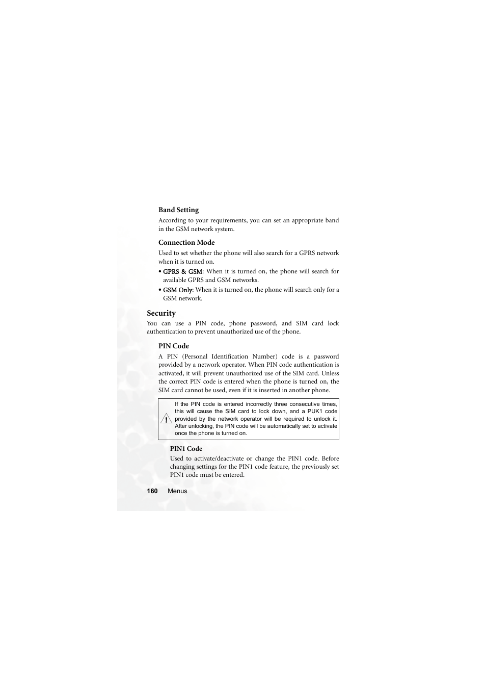 Band setting, Connection mode, Security | Pin code, Pin1 code, Band setting connection mode | BenQ S670C User Manual | Page 176 / 186