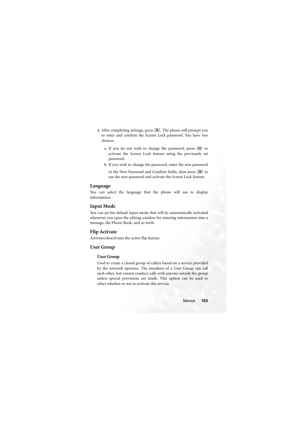 Language, Input mode, Flip activate | User group, Language input mode flip activate user group | BenQ S670C User Manual | Page 179 / 186