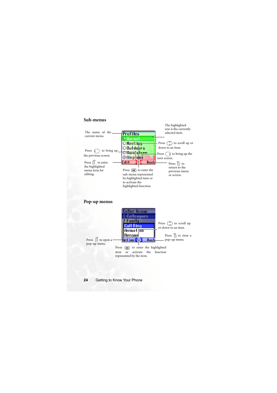 Sub-menus pop-up menus | BenQ S670C User Manual | Page 40 / 186