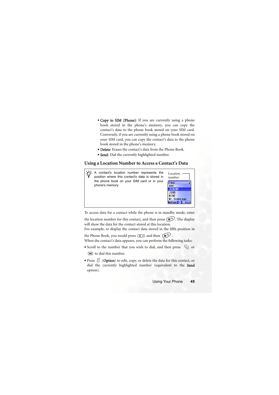 Using a location number to access a contact's data | BenQ S670C User Manual | Page 61 / 186