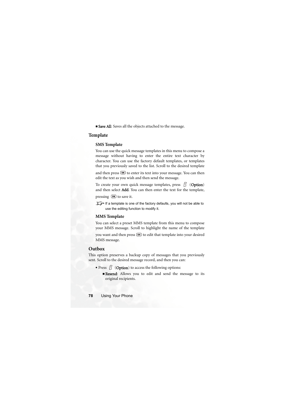 Template, Sms template, Mms template | Outbox, Sms template mms template | BenQ S670C User Manual | Page 94 / 186