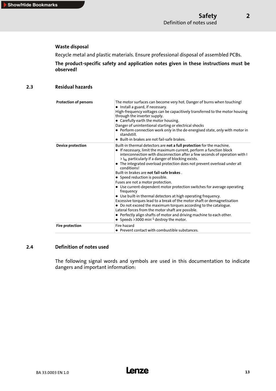 3 residual hazards, 4 definition of notes used, Safety | Lenze MDSLS Servo spindle motor User Manual | Page 13 / 40