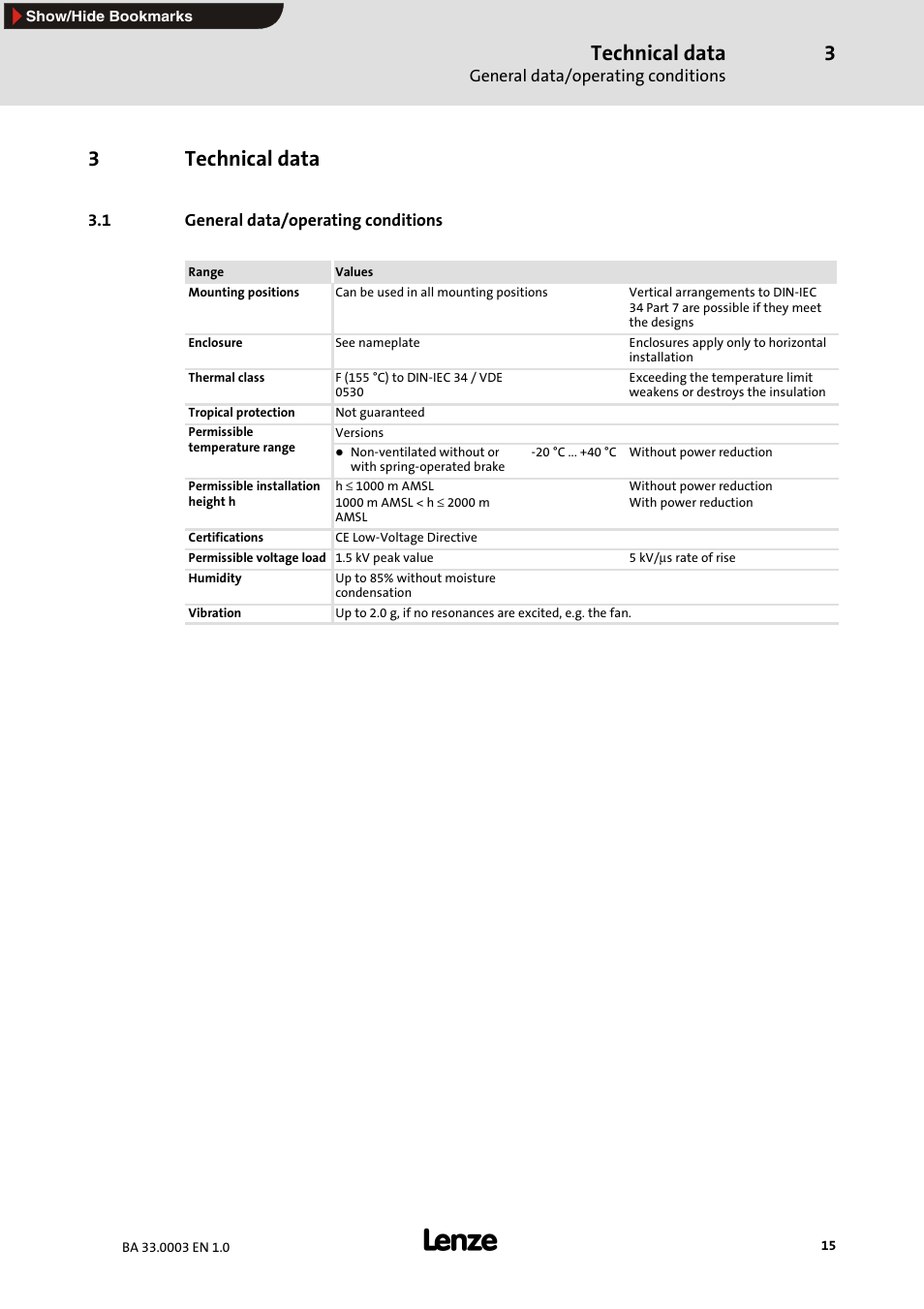 3 technical data, 1 general data/operating conditions, Technical data | 3technical data | Lenze MDSLS Servo spindle motor User Manual | Page 15 / 40