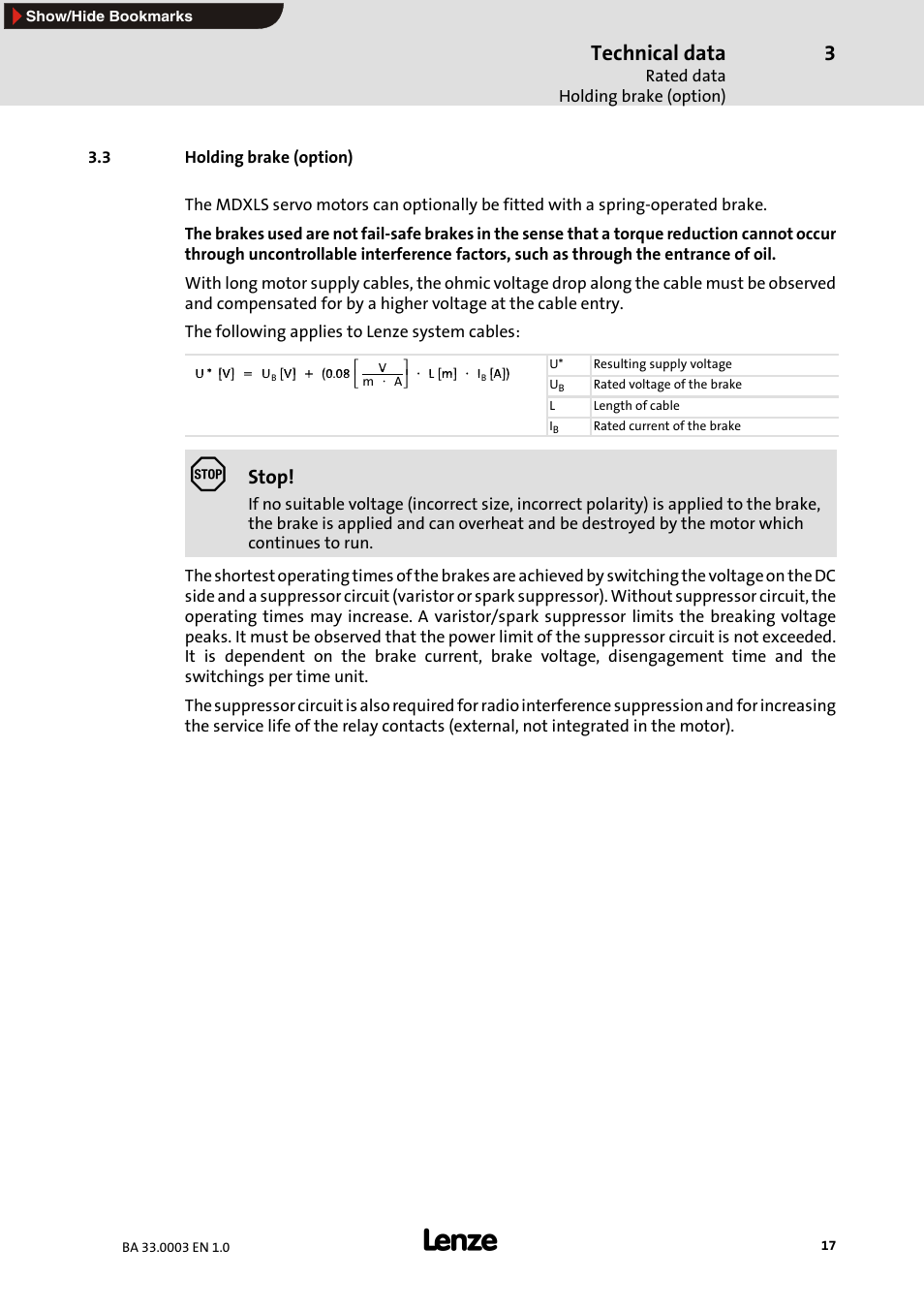 3 holding brake (option), Technical data, Stop | Lenze MDSLS Servo spindle motor User Manual | Page 17 / 40