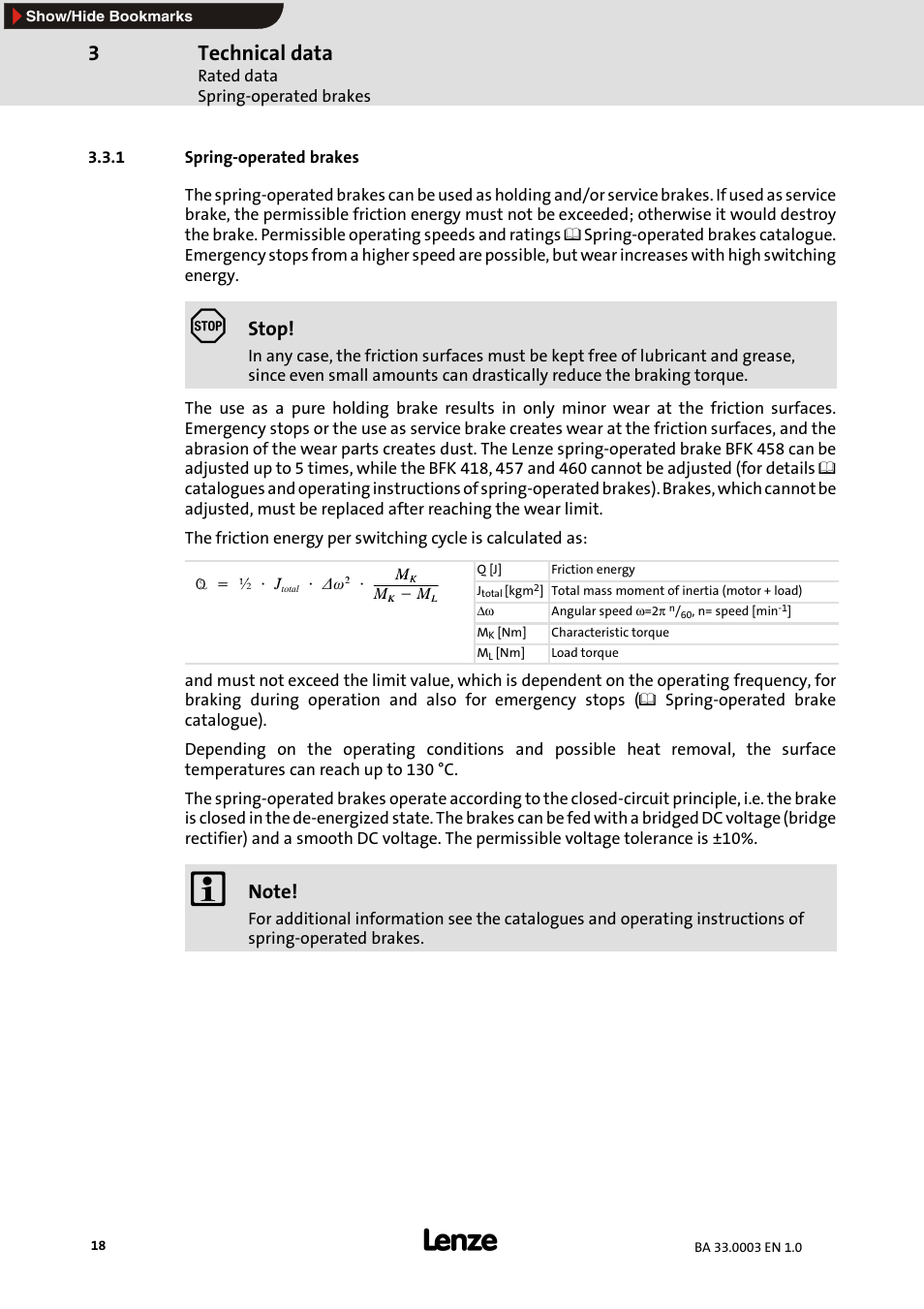1 spring-operated brakes, Spring-operated brakes, Technical data | Stop | Lenze MDSLS Servo spindle motor User Manual | Page 18 / 40