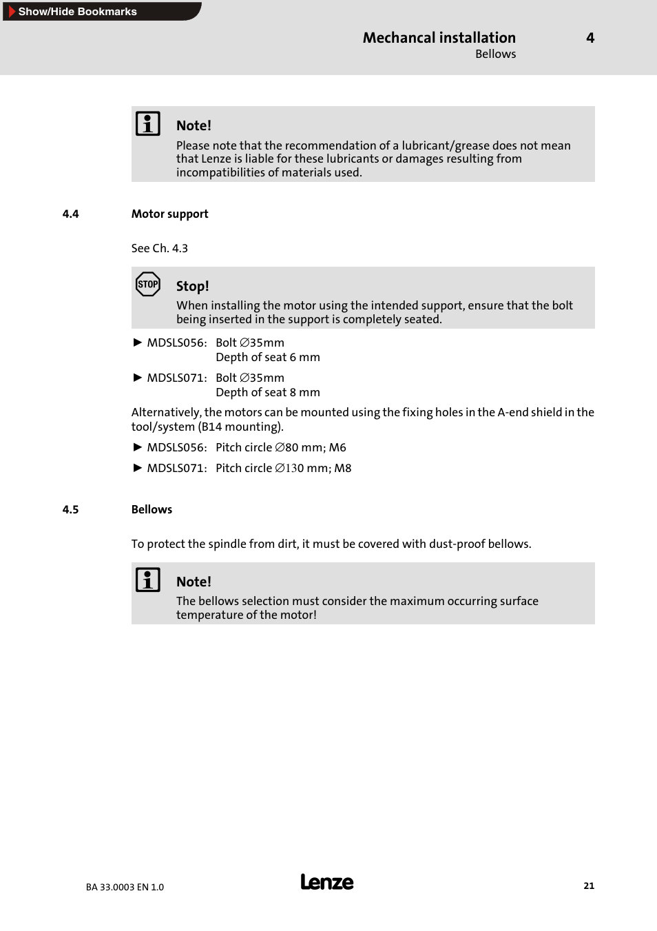 4 motor support, 5 bellows | Lenze MDSLS Servo spindle motor User Manual | Page 21 / 40