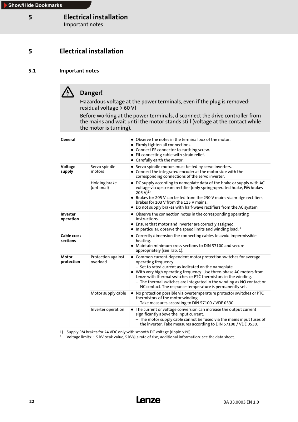 5 electrical installation, 1 important notes, Electrical installation | 5electrical installation, Danger | Lenze MDSLS Servo spindle motor User Manual | Page 22 / 40