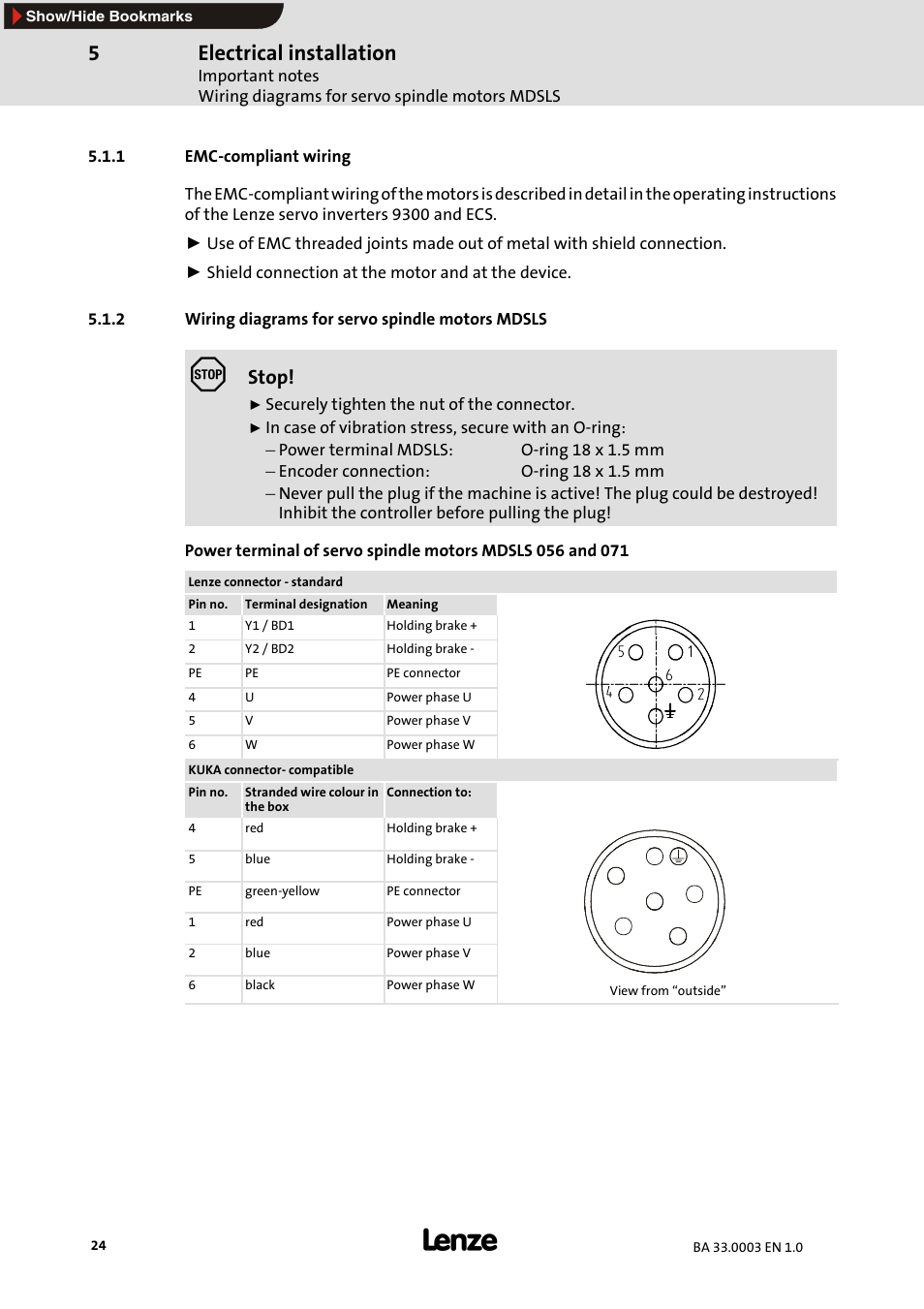 1 emc-compliant wiring, 2 wiring diagrams for servo spindlemotors mdsls, Emc-compliant wiring | Wiring diagrams for servo spindle motors mdsls, Electrical installation, Stop | Lenze MDSLS Servo spindle motor User Manual | Page 24 / 40