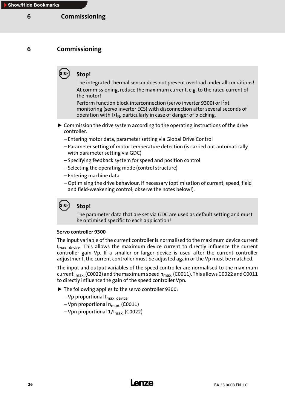6 commissioning, Commissioning, Commissioning 6 | 6commissioning | Lenze MDSLS Servo spindle motor User Manual | Page 26 / 40