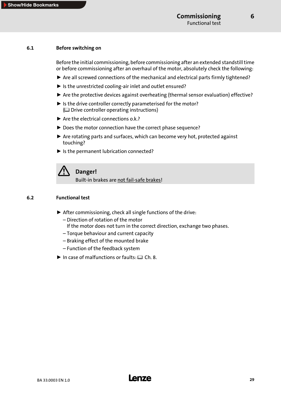 1 before switching on, 2 functional test | Lenze MDSLS Servo spindle motor User Manual | Page 29 / 40