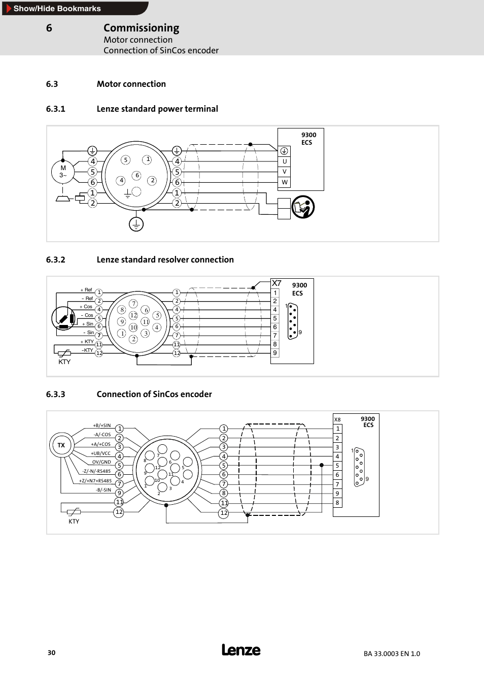 3 motor connection, 1 lenze standard power terminal, 2 lenze standard resolver connection | 3 connection of sincos encoder, Lenze standard power terminal, Lenze standard resolver connection, Connection of sincos encoder, Commissioning, Motor connection connection of sincos encoder | Lenze MDSLS Servo spindle motor User Manual | Page 30 / 40