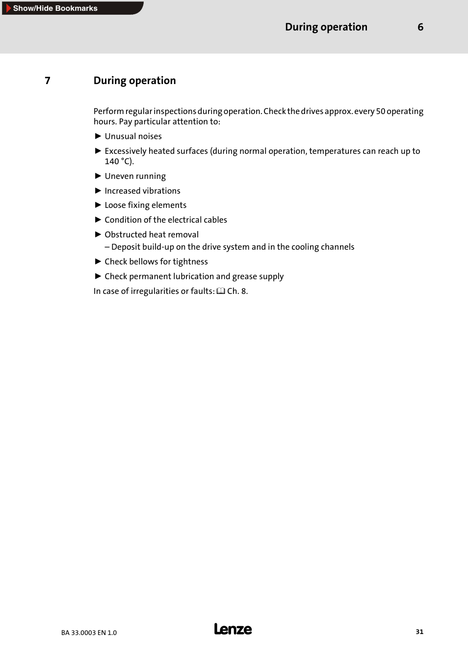 7 during operation, During operation | Lenze MDSLS Servo spindle motor User Manual | Page 31 / 40