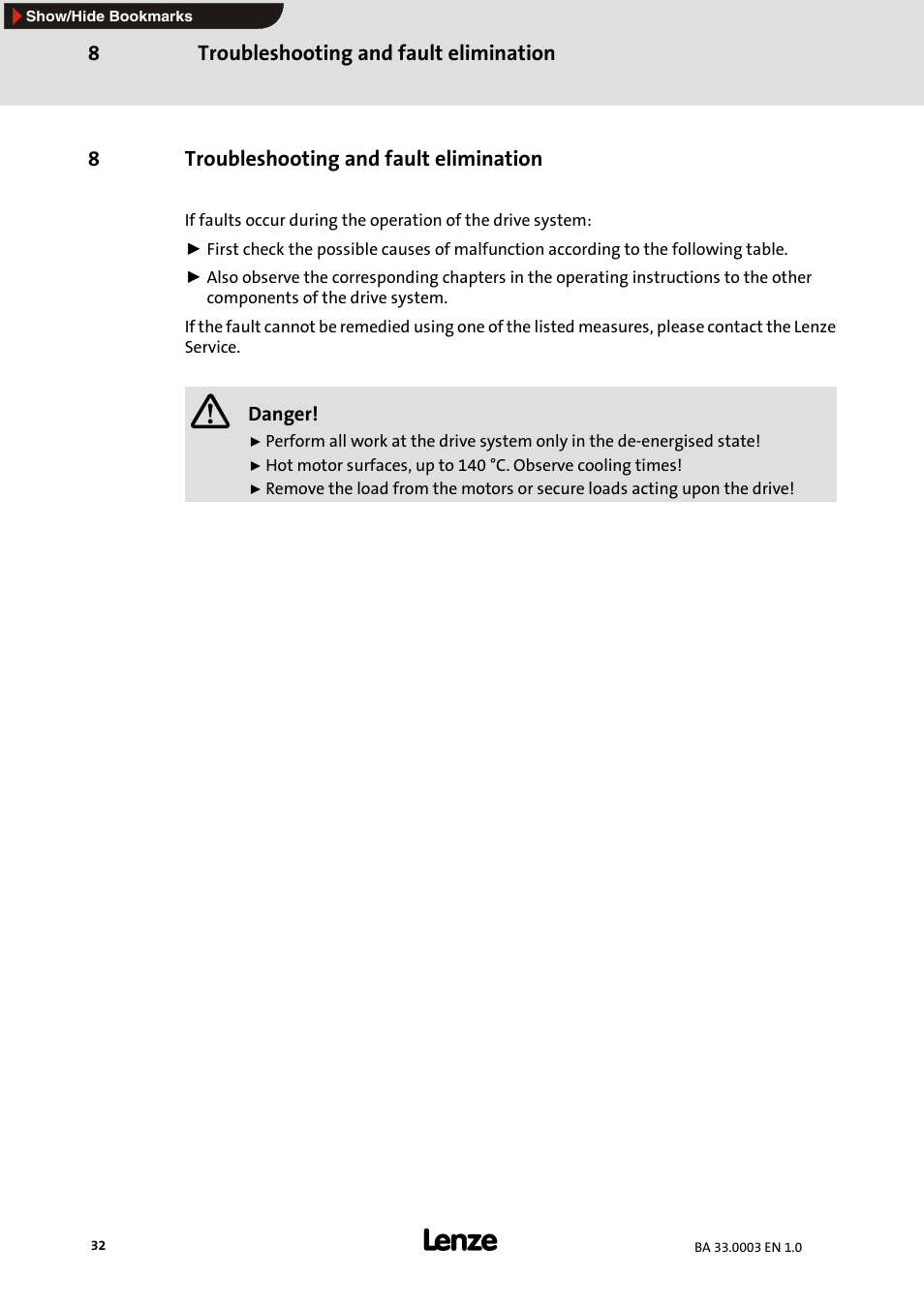 8 troubleshooting and fault elimination, Troubleshooting and fault elimination | Lenze MDSLS Servo spindle motor User Manual | Page 32 / 40