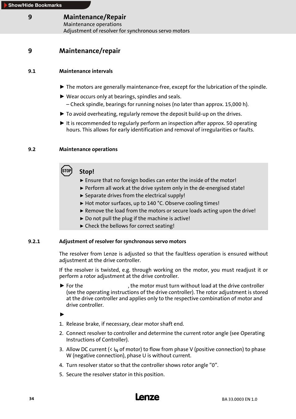 9 maintenance/repair, 1 maintenance intervals, 2 maintenance operations | Maintenance/repair, 9maintenance/repair | Lenze MDSLS Servo spindle motor User Manual | Page 34 / 40