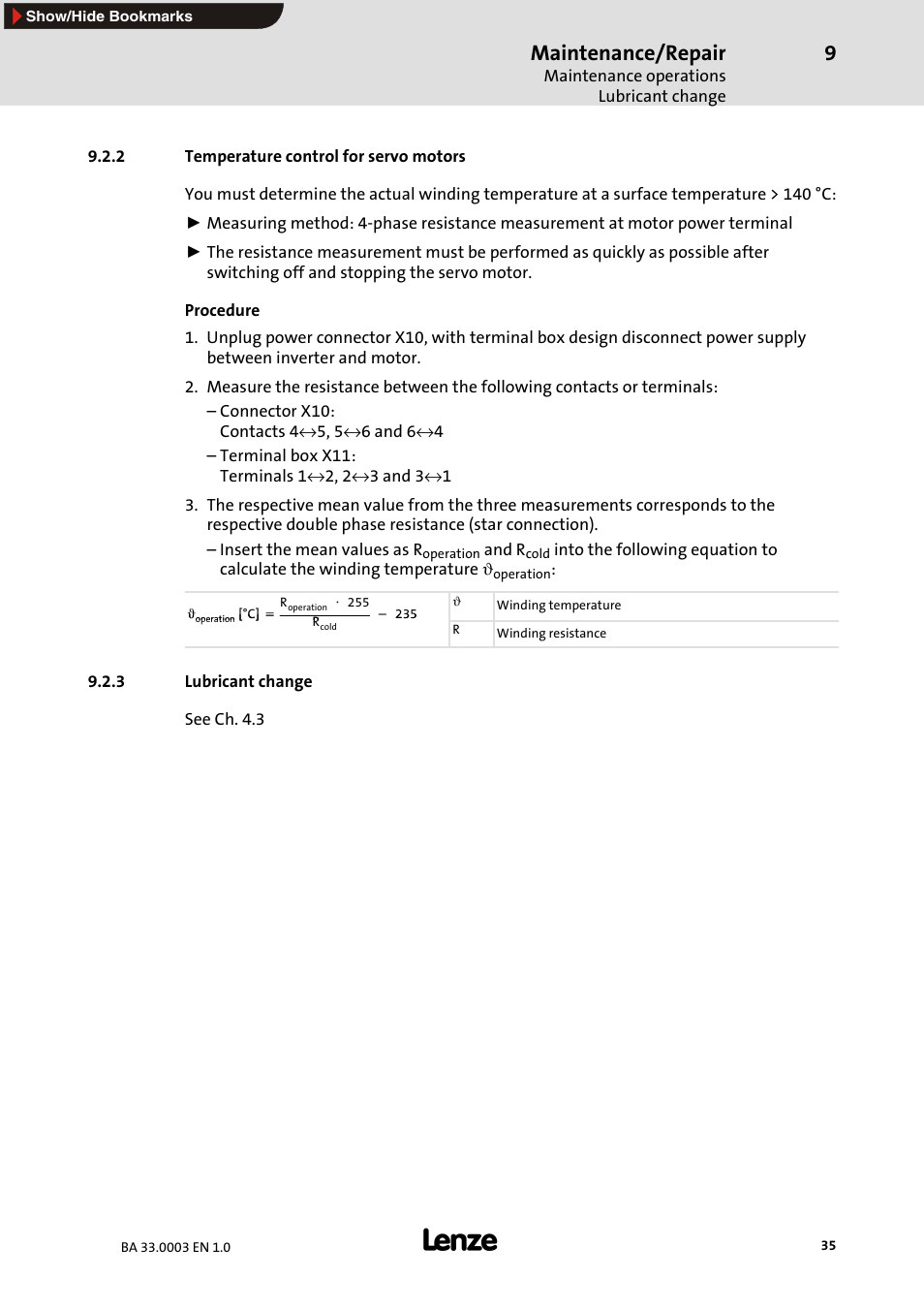 2 temperature control for servomotors, 3 lubricant change, Temperature control for servo motors | Lubricant change, Maintenance/repair | Lenze MDSLS Servo spindle motor User Manual | Page 35 / 40