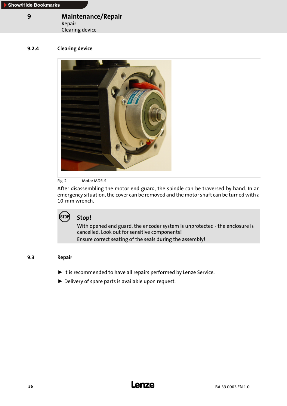4 clearing device, 3 repair, Clearing device | Maintenance/repair | Lenze MDSLS Servo spindle motor User Manual | Page 36 / 40