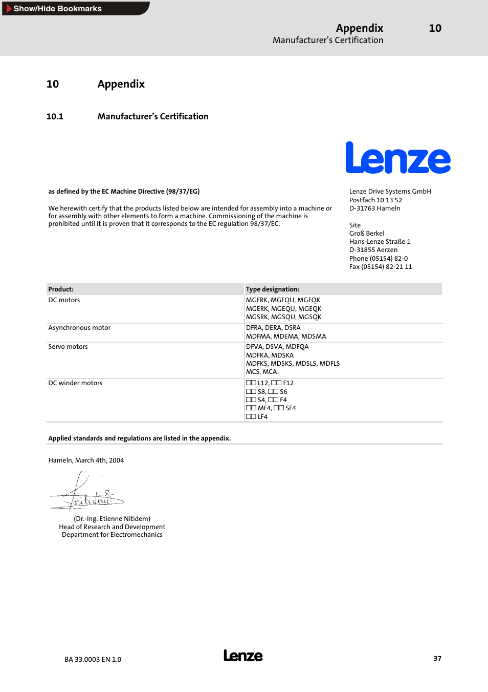10 appendix, 1 manufacturer's certification, Appendix | 1 manufacturer’s certification | Lenze MDSLS Servo spindle motor User Manual | Page 37 / 40