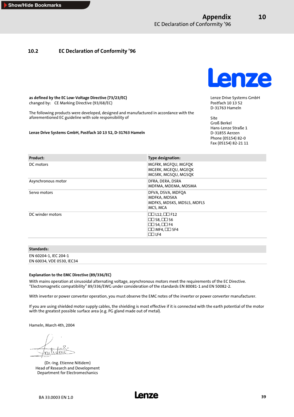 2 ec declaration of conformity '96, 2 ec declaration of conformity ’96, Appendix | Lenze MDSLS Servo spindle motor User Manual | Page 39 / 40