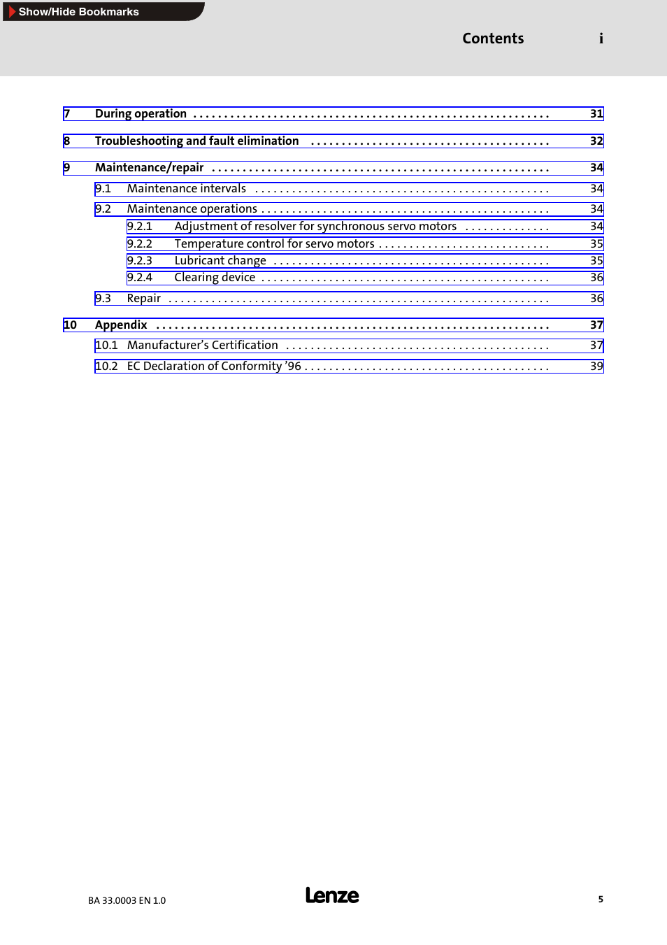 Contents i | Lenze MDSLS Servo spindle motor User Manual | Page 5 / 40