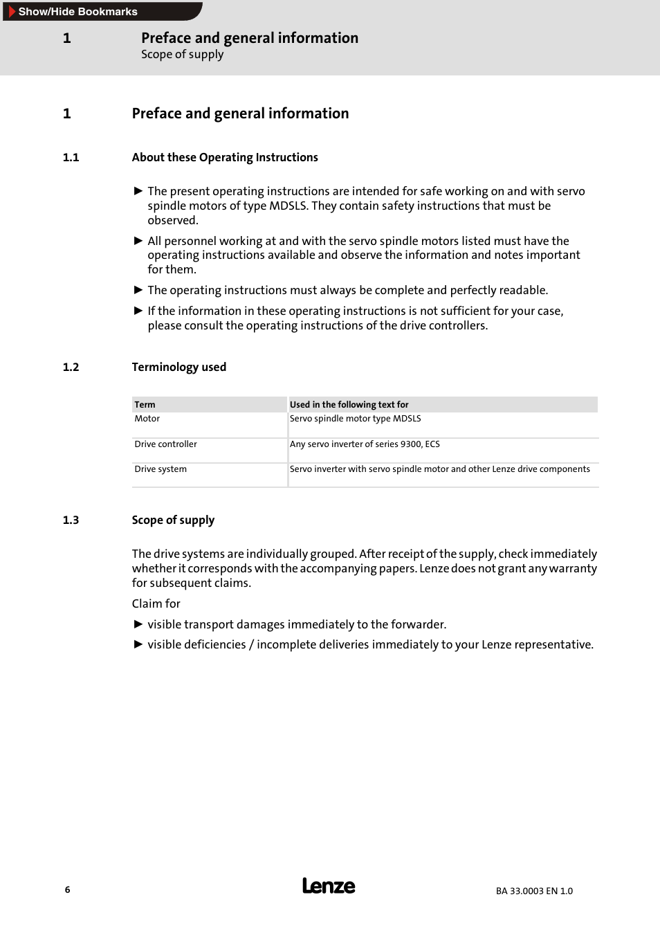 1 preface and general information, 1 about these operating instructions, 2 terminology used | 3 scope of supply, Preface and general information, 1preface and general information | Lenze MDSLS Servo spindle motor User Manual | Page 6 / 40