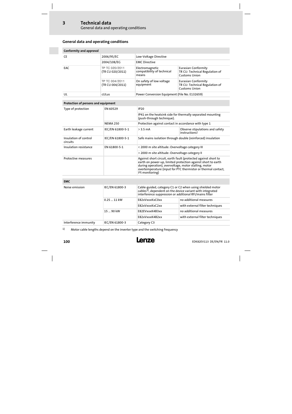 Technical data, General data and operating conditions | Lenze E82EV 8200 User Manual | Page 100 / 246