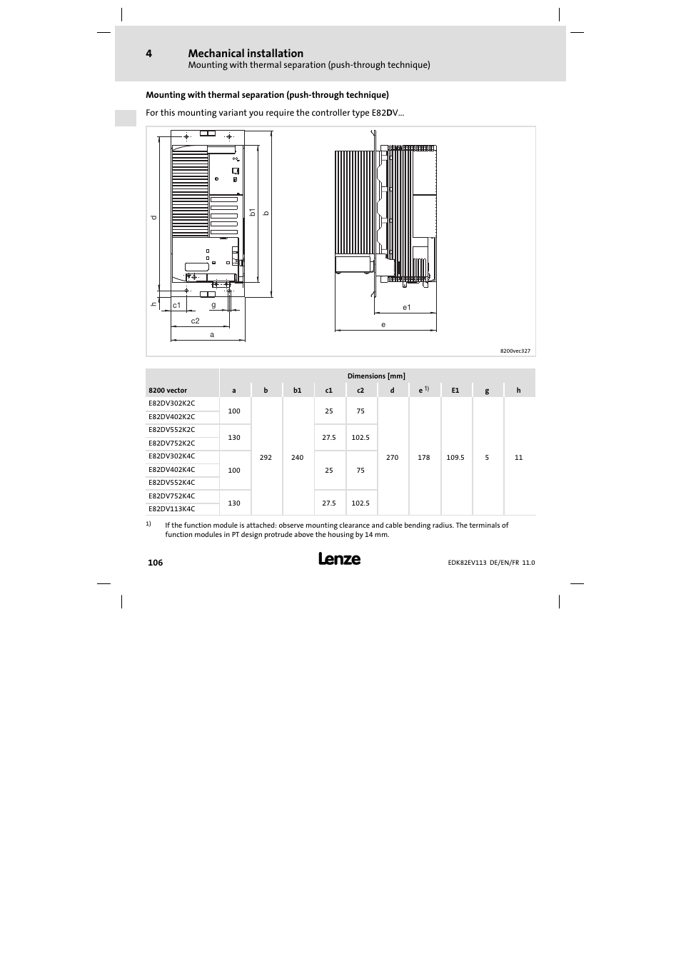 Mechanical installation | Lenze E82EV 8200 User Manual | Page 106 / 246