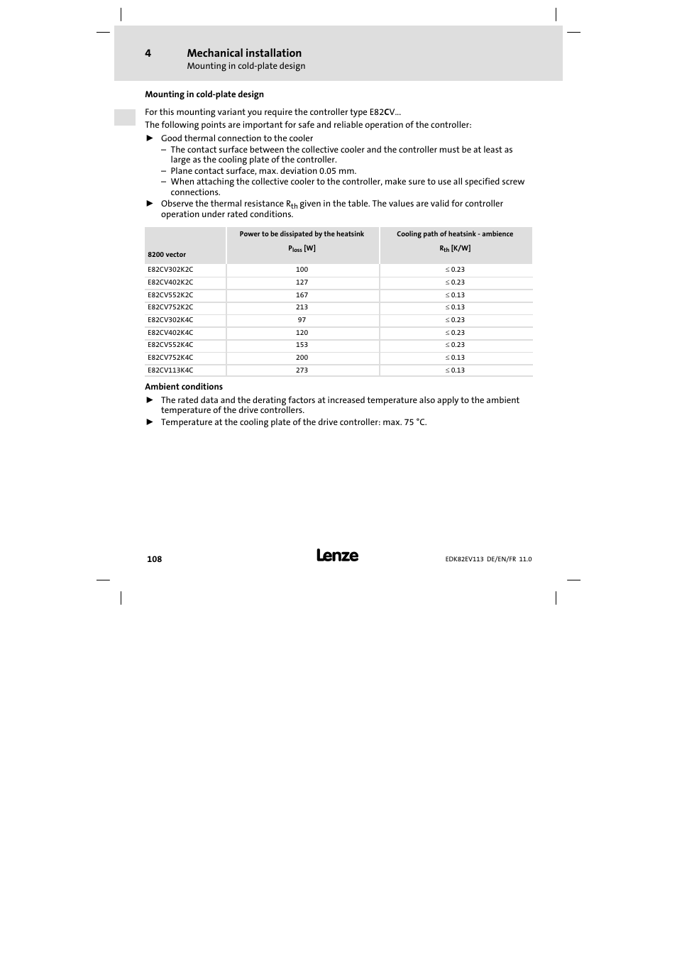 Mounting in cold-plate design, Mounting in cold−plate design, Mechanical installation | Lenze E82EV 8200 User Manual | Page 108 / 246