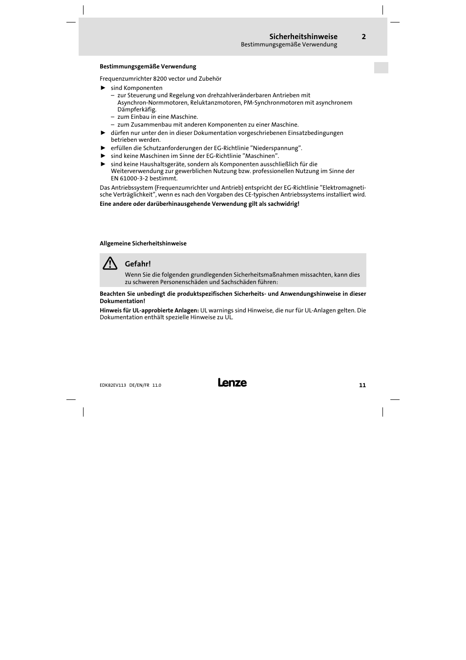 Sicherheitshinweise, Bestimmungsgemäße verwendung, Allgemeine sicherheitshinweise | Lenze E82EV 8200 User Manual | Page 11 / 246