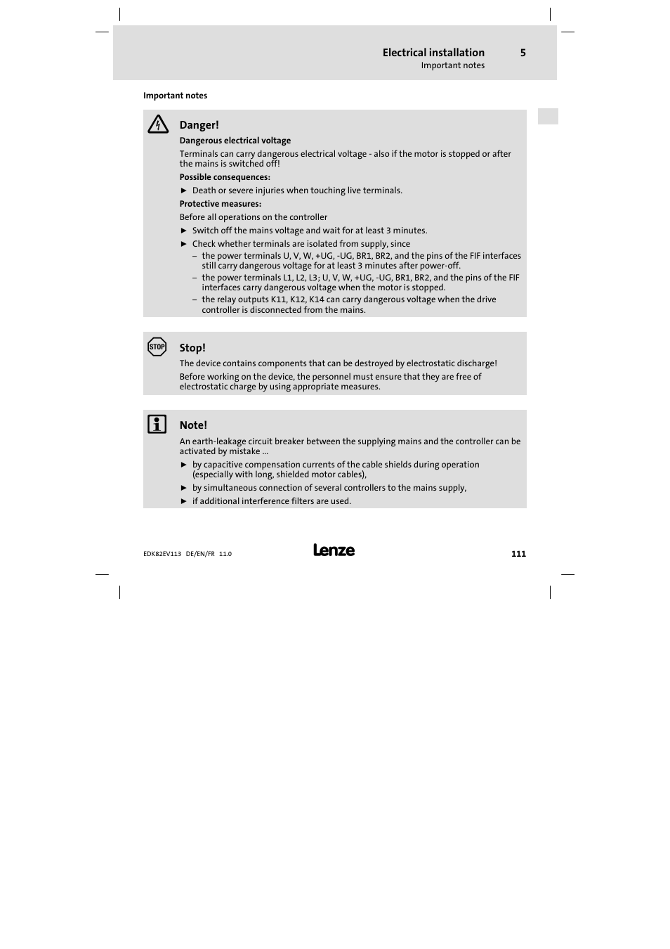 Electrical installation, Important notes | Lenze E82EV 8200 User Manual | Page 111 / 246