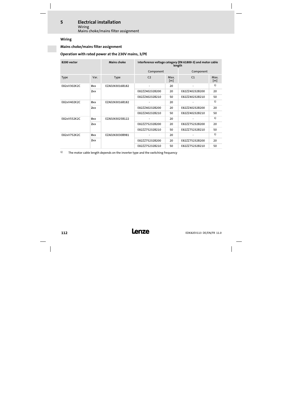 Wiring, Mains choke/mains filter assignment, Electrical installation | Lenze E82EV 8200 User Manual | Page 112 / 246