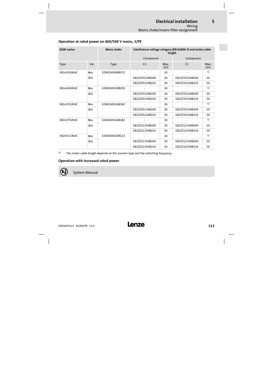 Electrical installation | Lenze E82EV 8200 User Manual | Page 113 / 246