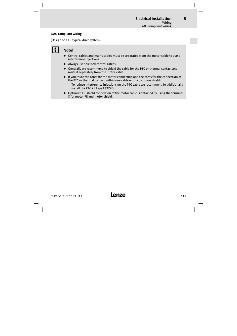 Emc-compliant wiring, Emc−compliant wiring | Lenze E82EV 8200 User Manual | Page 115 / 246