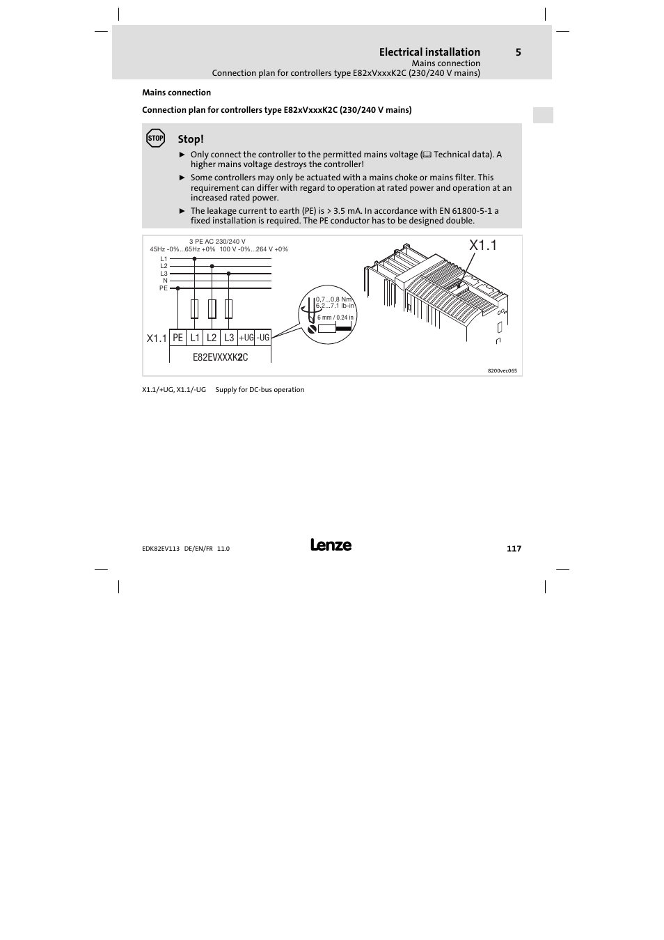 Mains connection, X1.1 | Lenze E82EV 8200 User Manual | Page 117 / 246