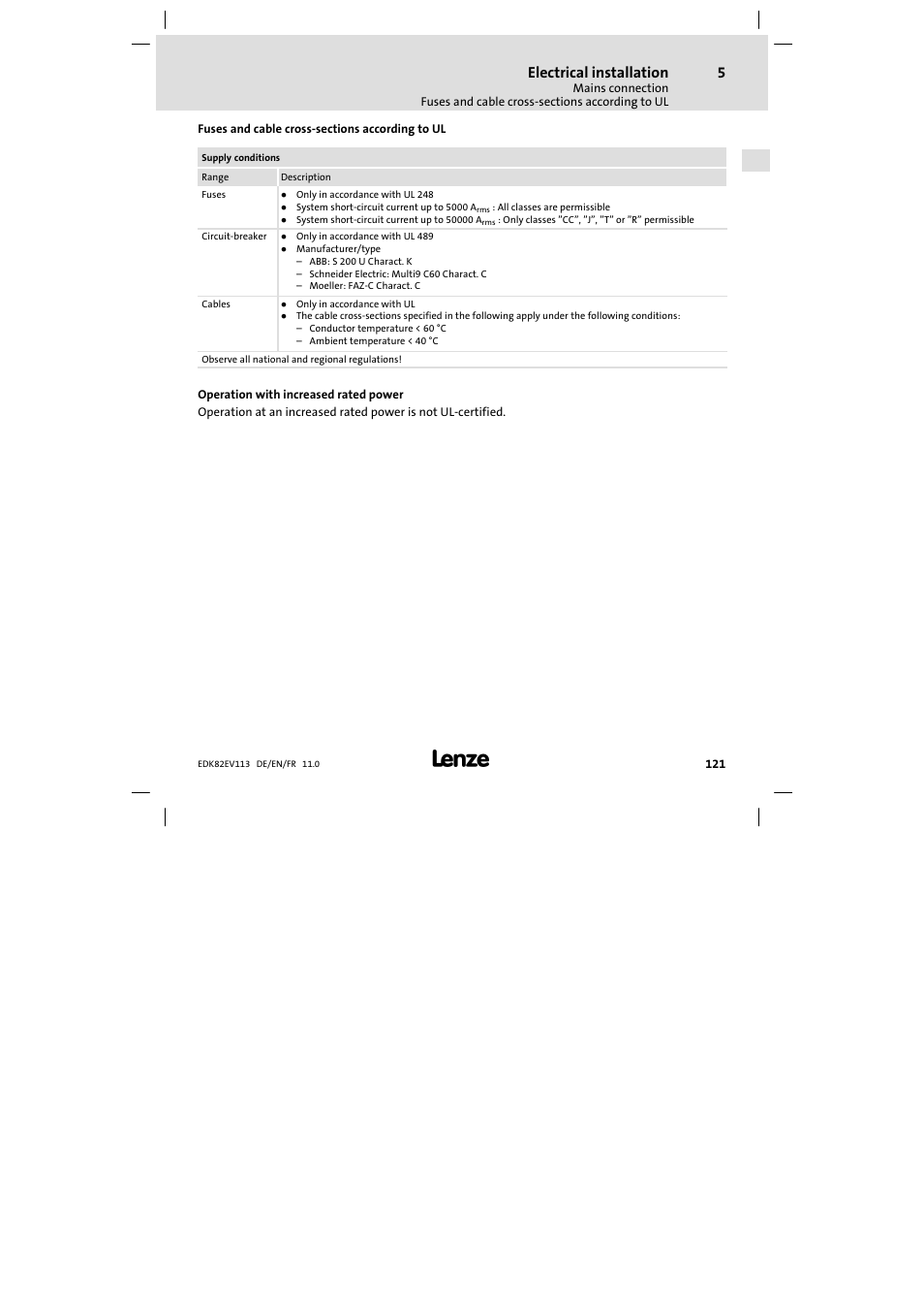 Fuses and cable cross-sections according to ul, Fuses and cable cross−sections according to ul, Electrical installation | Lenze E82EV 8200 User Manual | Page 121 / 246