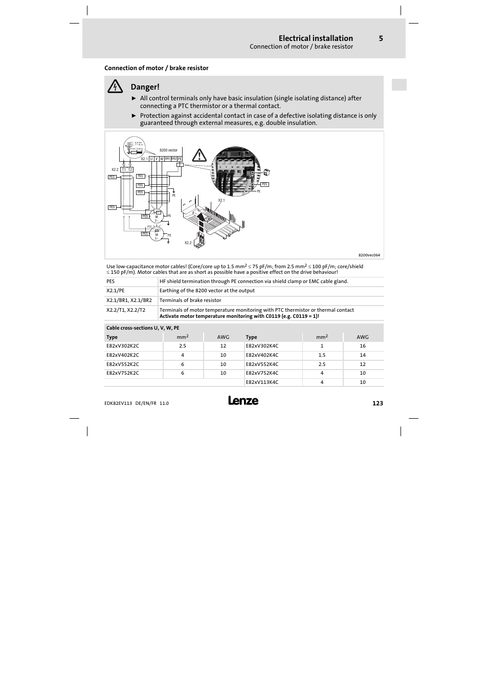 Connection of motor / brake resistor, Electrical installation, Danger | Pe w br2 u br1 v | Lenze E82EV 8200 User Manual | Page 123 / 246
