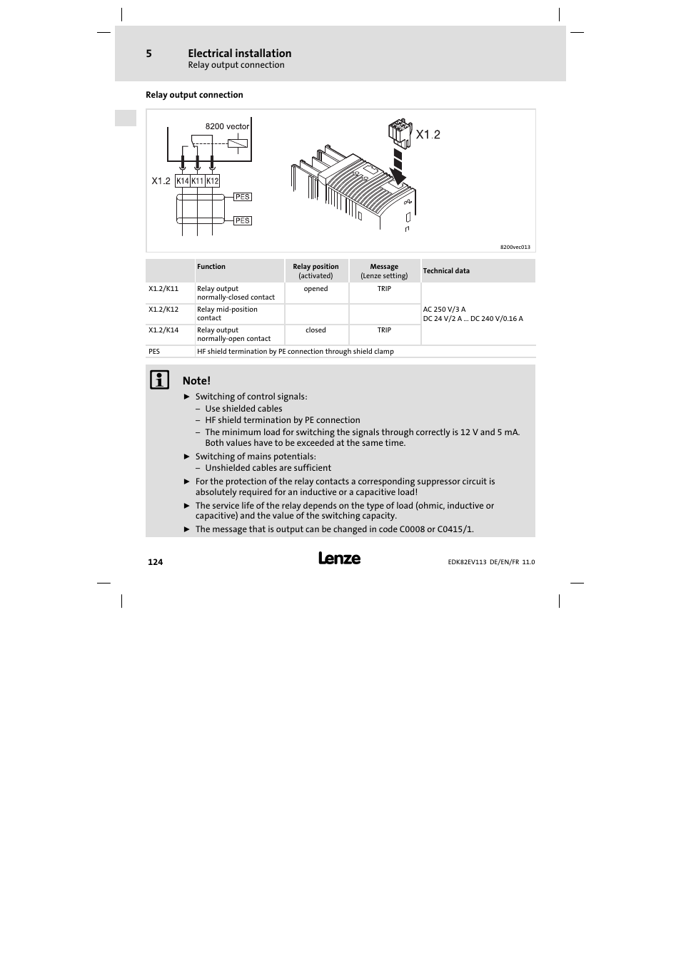 Relay output connection, Electrical installation | Lenze E82EV 8200 User Manual | Page 124 / 246