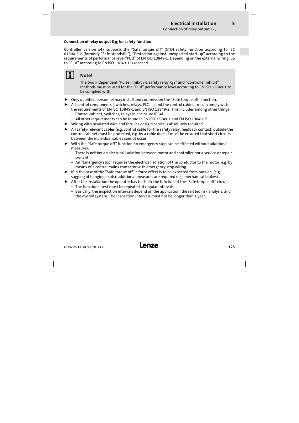 Connection of relay output ksr for safety function | Lenze E82EV 8200 User Manual | Page 125 / 246