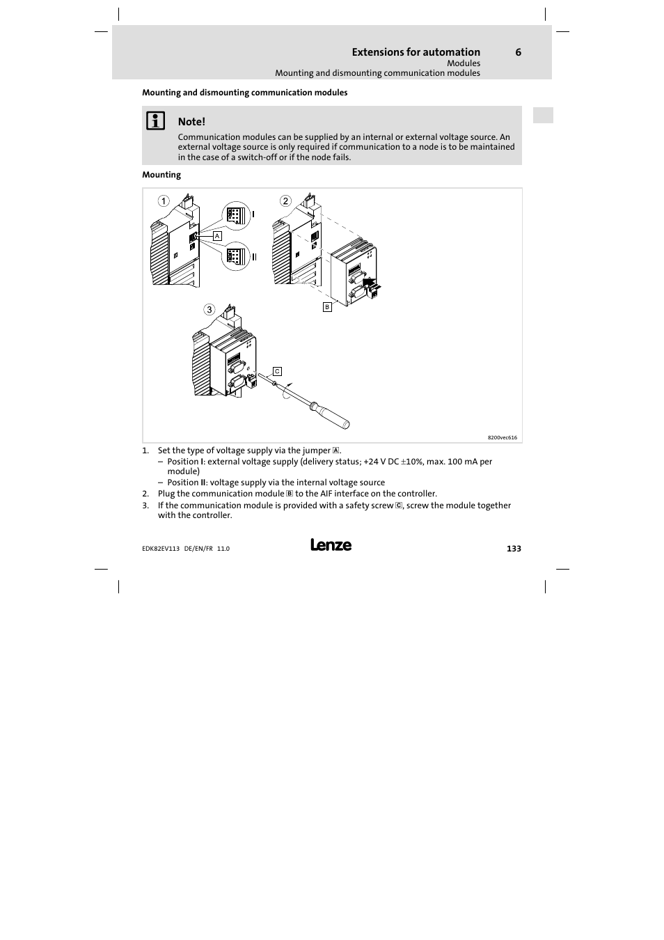 Mounting and dismounting communication modules | Lenze E82EV 8200 User Manual | Page 133 / 246