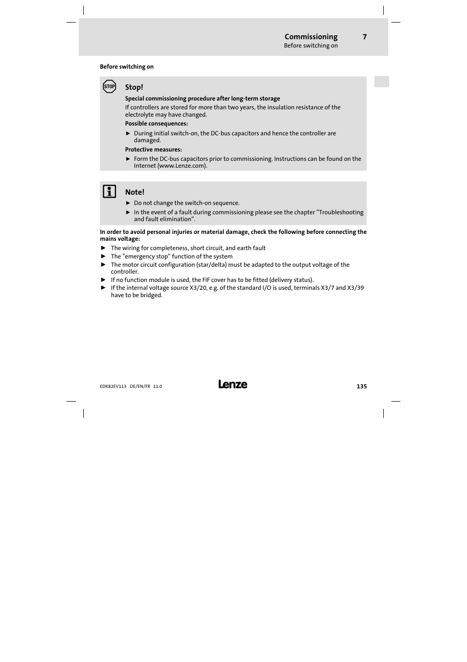 Commissioning, Before switching on | Lenze E82EV 8200 User Manual | Page 135 / 246